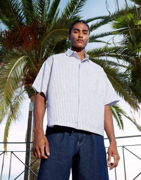 ASOS DESIGN – Kastiges, gestreiftes Oversize-Hemd in Blau und Weiß - view 1