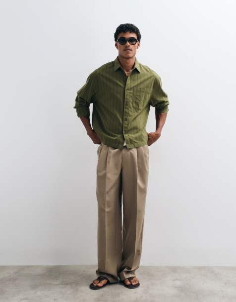 ASOS DESIGN – Kastiges, gestreiftes Oversize-Hemd in khaki Leinenoptik mit Brusttasche - view 1