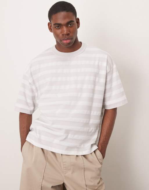 ASOS DESIGN – Kastiges, gestreiftes Oversize-T-Shirt in Grau und Weiß, 220 g/m² schwer