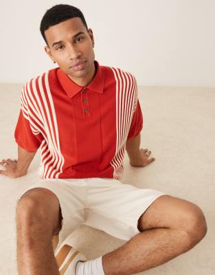 ASOS DESIGN – Kastiges, gestricktes Oversize-Polohemd in Rot mit Kontraststreifen - view 1