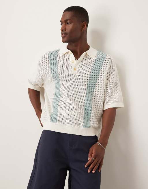 ASOS DESIGN – Kastiges, gestricktes Oversize-Poloshirt in Ecru und Blau gestreift mit Airtex-Struktur