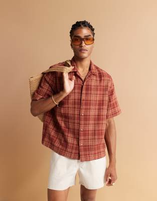 ASOS DESIGN – Kastiges Hemd mit Flechtstruktur in kariertem Braun - view 1