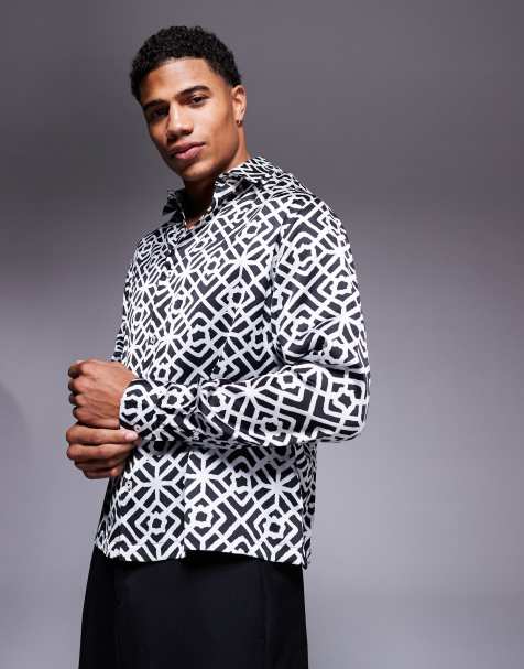 ASOS DESIGN – Kastiges Hemd mit geometrischem Muster in Schwarz und Weiß - view 1
