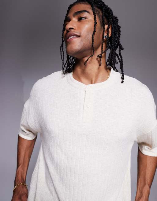 ASOS DESIGN – Kastiges Henley-T-Shirt in cremeweißer Leinenoptik mit Oversize-Passform