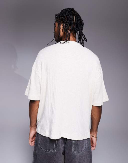 ASOS DESIGN – Kastiges Henley-T-Shirt in cremeweißer Leinenoptik mit Oversize-Passform