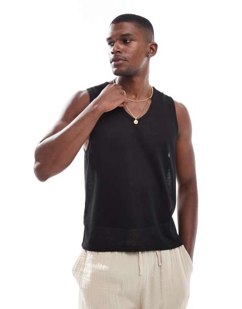 ASOS DESIGN – Kastiges, körperbetontes Tanktop in Schwarz mit Struktur und V-Ausschnitt - view 1