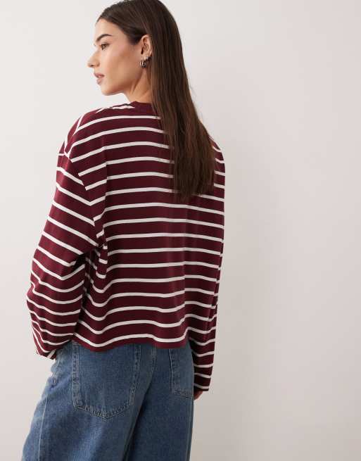 ASOS DESIGN – Kastiges, langärmliges Cropped-Shirt in Beerenrot mit Streifen, 3 von 4