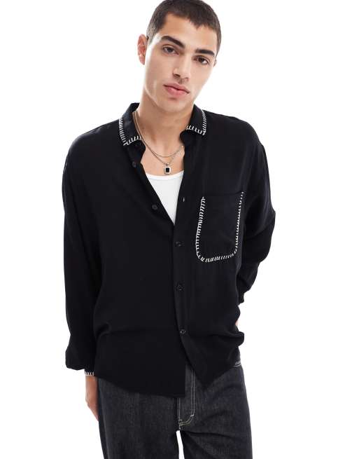 ASOS DESIGN – Kastiges, langärmliges Oversize-Hemd in Schwarz mit Langettenstich