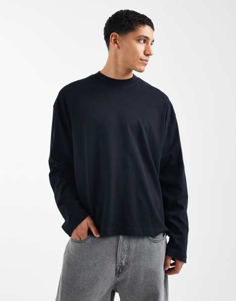 ASOS DESIGN – Kastiges, langärmliges Oversize-Shirt aus schwerem Material in Schwarz - view 1