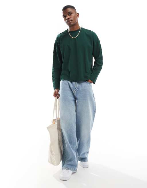 ASOS DESIGN – Kastiges, langärmliges Oversize-Shirt in Grün mit überschnittenen Schultern, 4 von 4