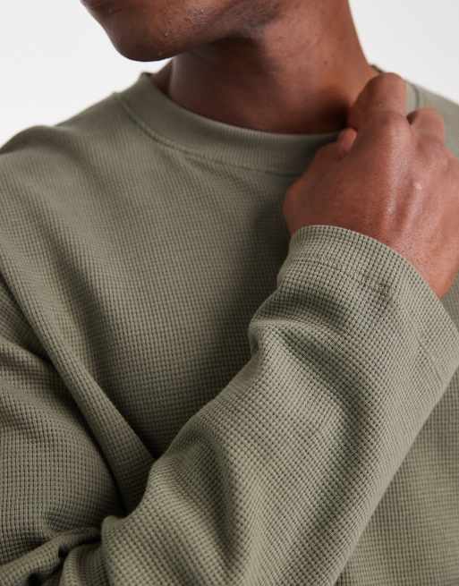 ASOS DESIGN – Kastiges, langärmliges Oversize-Shirt in Khaki mit Waffelstruktur  , 5 von 5