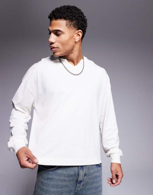 ASOS DESIGN – Kastiges, langärmliges Oversize-T-Shirt aus schwerem Pikee in Creme, mit hoch angesetztem V-Ausschnitt