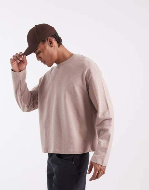 ASOS DESIGN – Kastiges, langärmliges Oversize-T-Shirt in Beige mit unebener Struktur - view 1