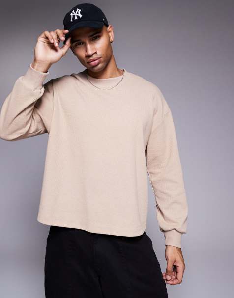 ASOS DESIGN – Kastiges, langärmliges Oversize-T-Shirt in Beige mit Waffelstruktur - view 1