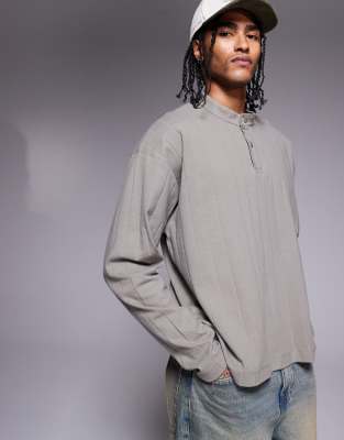Kastiges, langärmliges Oversize-T-Shirt in Khaki mit Rippstruktur-Grün Grün XS
