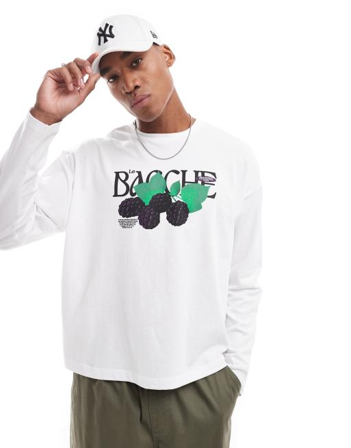 ASOS DESIGN – Kastiges, langärmliges Oversize-T-Shirt in Weiß mit Obst-Print auf der Brust