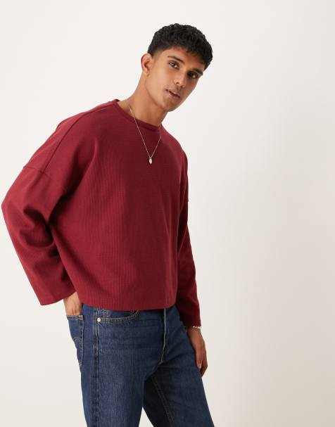 ASOS DESIGN – Kastiges langärmliges Shirt in Burgunderrot mit Waffelstruktur und extremem Oversize-Schnitt - view 1