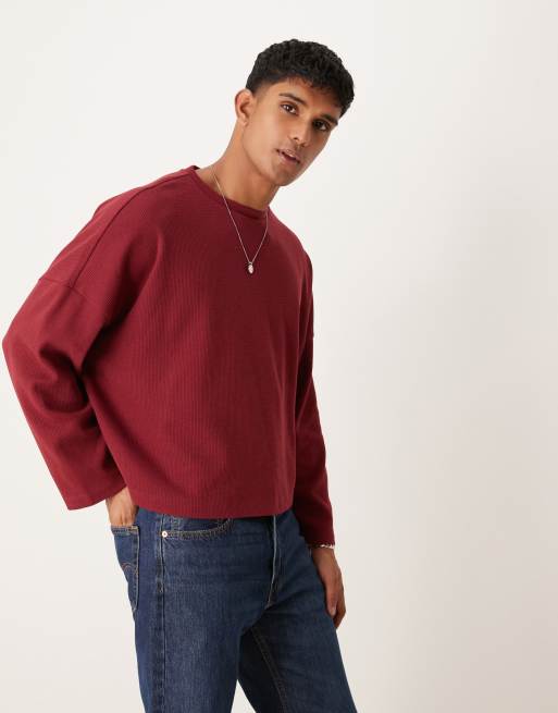 ASOS DESIGN – Kastiges langärmliges Shirt in Burgunderrot mit Waffelstruktur und extremem Oversize-Schnitt