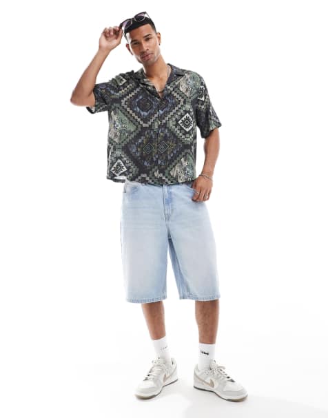 ASOS DESIGN – Kastiges, legeres Hemd in Marineblau mit Reverskragen und Vintage-Print - view 1