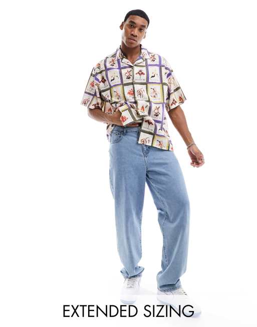 ASOS DESIGN – Kastiges Leinenhemd mit Reverskragen und Postkarten-Muster