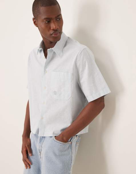 ASOS DESIGN – Kastiges Leinenmix-Hemd in Blau mit gleichfarbiger Stickerei auf der Brust - view 1