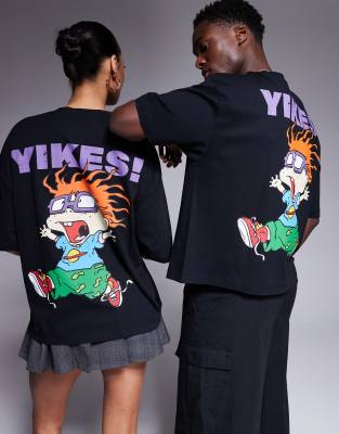 ASOS DESIGN - Kastiges, lizenziertes Unisex-T-Shirt in Schwarz mit Oversize-Schnitt und Chuckie-„Rugrats"-Prints