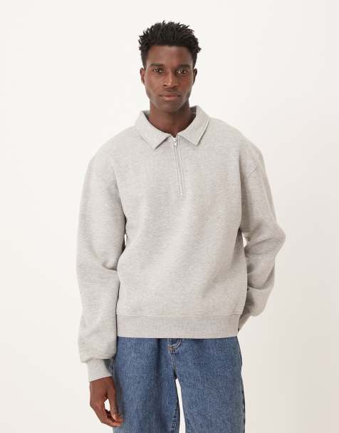 ASOS DESIGN – Kastiges, locker geschnittenes Basic-Sweatshirt in meliertem Grau mit Kragen und kurzem Reißverschluss - view 1