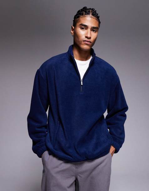 ASOS DESIGN – Kastiges, locker geschnittenes Fleece-Sweatshirt in Blau mit kurzem Reißverschluss - view 1