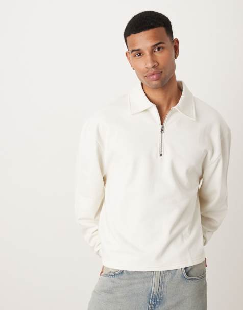 ASOS DESIGN – Kastiges, locker geschnittenes Sweatshirt in Wollweiß mit kurzem Reißverschluss und Kragen - view 1