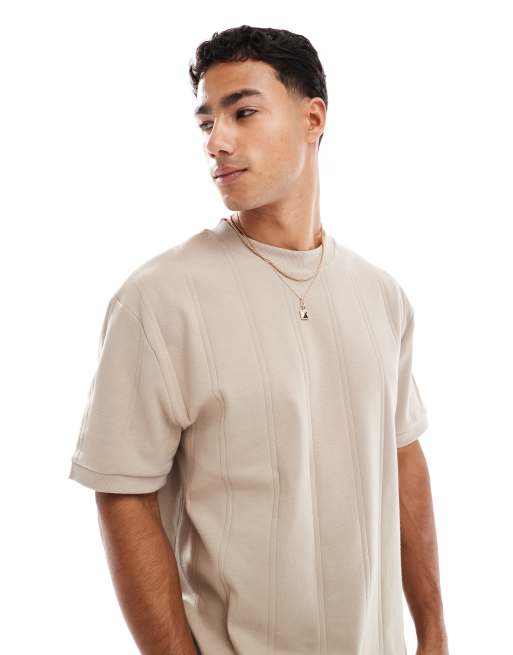 ASOS DESIGN – Kastiges, locker geschnittenes T-Shirt in Steinbeige mit Rippenstruktur