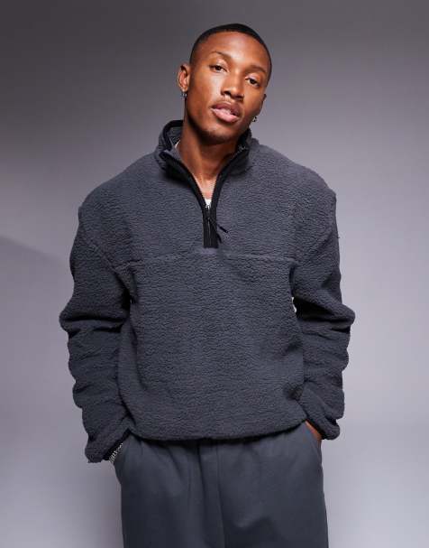 ASOS DESIGN – Kastiges, locker geschnittenes Teddyfell-Sweatshirt in Anthrazit mit kurzem Reißverschluss - view 1