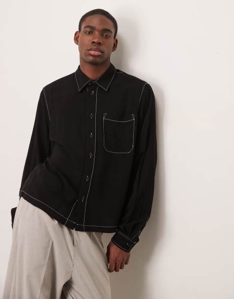 ASOS DESIGN – Kastiges lockeres Hemd in Schwarz mit Kontrastnaht - view 1
