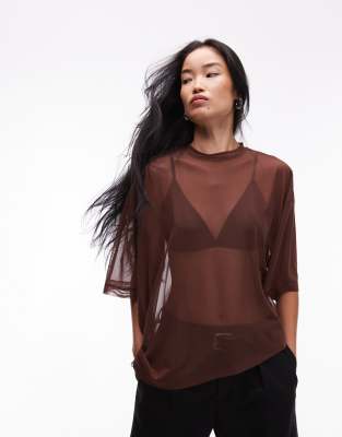 ASOS DESIGN - Kastiges Netzstoff-T-Shirt in Braun mit Wasserfall-Design-Brown