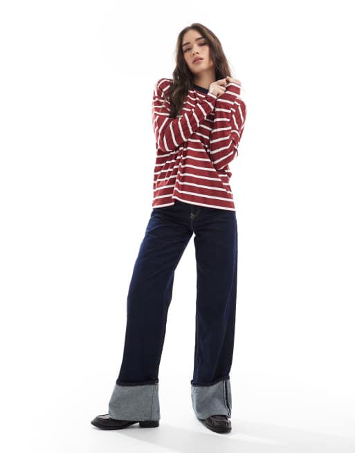 ASOS DESIGN – Kastiges Oberteil in gestreiftem Rot mit weiten, langen Ärmeln und farblich abgesetztem Ausschnitt, 2 von 4