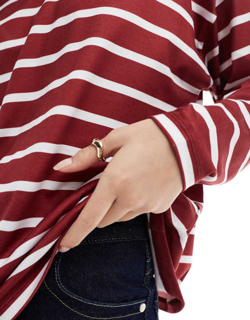ASOS DESIGN – Kastiges Oberteil in gestreiftem Rot mit weiten, langen Ärmeln und farblich abgesetztem Ausschnitt, 3 von 4