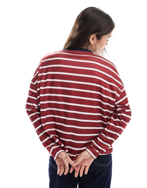 ASOS DESIGN – Kastiges Oberteil in gestreiftem Rot mit weiten, langen Ärmeln und farblich abgesetztem Ausschnitt, 4 von 4