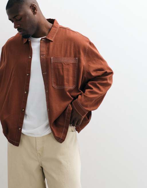ASOS DESIGN – Kastiges Oversize-Hemd aus Baumwoll-Twill in Rostrot mit Kontrastnaht, 2 von 5
