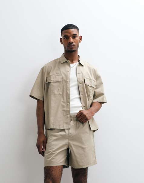 ASOS DESIGN – Kastiges Oversize-Hemd aus Baumwolltwill in Beige, Kombiteil - view 1