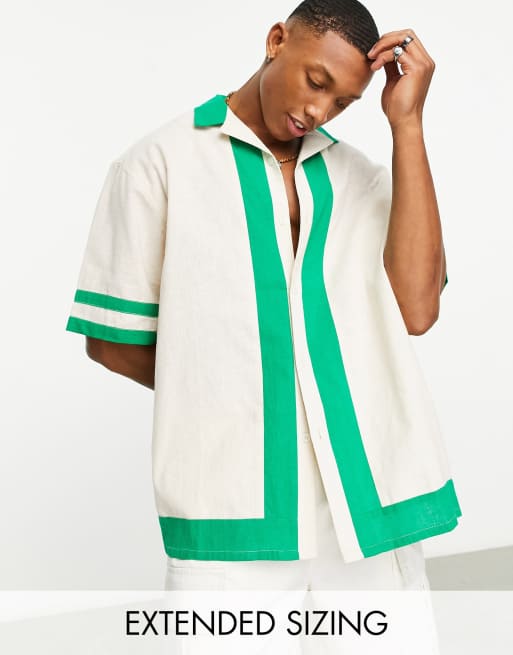 ASOS Design – Kastiges Oversize-Hemd aus Leinen in Ecru mit Farbblockstreifen in Grün