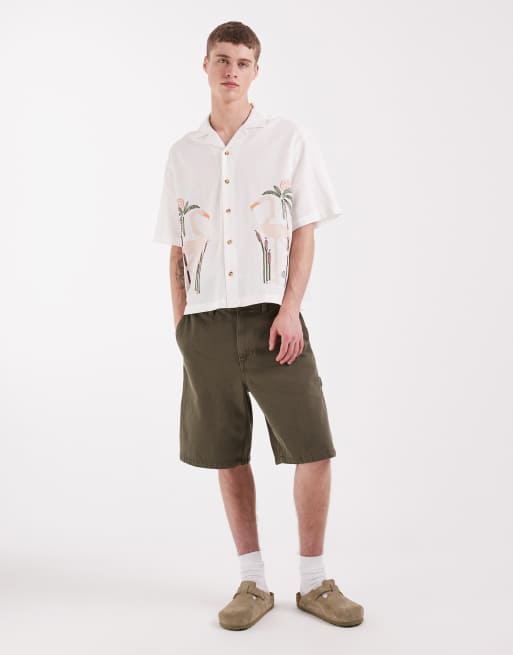 ASOS DESIGN – Kastiges Oversize-Hemd aus Leinenmix in Beige mit Stickerei, 2 von 5