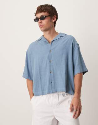 Kastiges Oversize-Hemd aus Leinenmix in Blau mit Reverskragen Blau 4XL