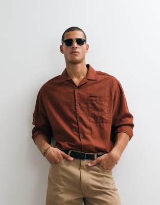 Kastiges Oversize-Hemd aus Leinenmix in braun mit Reverskragen, Kombiteil Braun 2XL