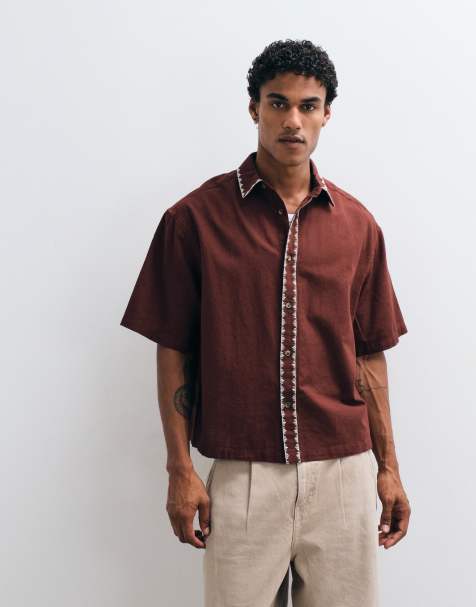 ASOS DESIGN – Kastiges Oversize-Hemd aus Leinenmix in Braun mit Stickerei - view 1