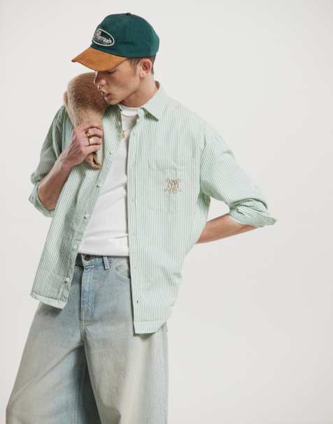 ASOS DESIGN – Kastiges Oversize-Hemd im 90er-Stil mit grünen Streifen und Stickerei auf der Brust - view 1