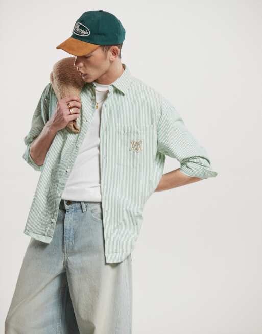 ASOS DESIGN – Kastiges Oversize-Hemd im 90er-Stil mit grünen Streifen und Stickerei auf der Brust