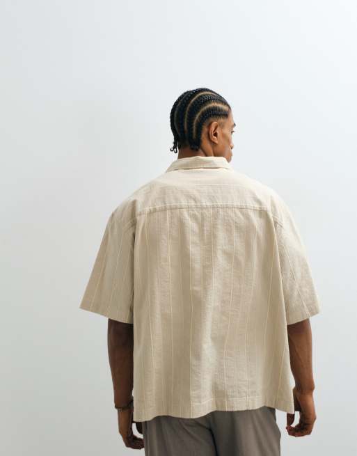ASOS DESIGN – Kastiges Oversize-Hemd in Beige mit Streifen und Reverskragen, 2 von 5