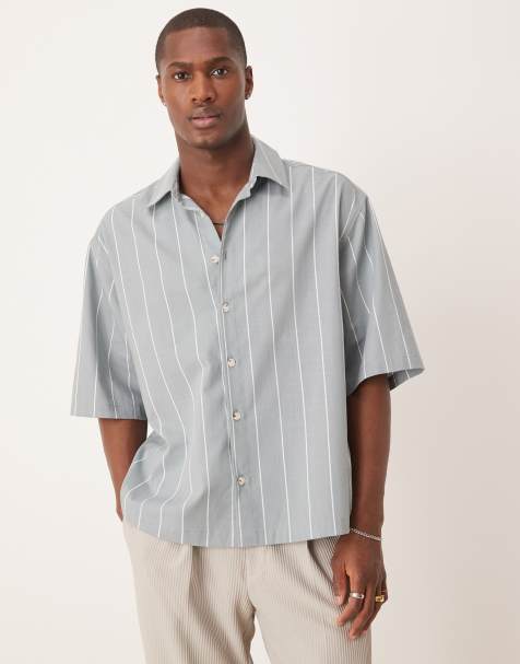 ASOS DESIGN – Kastiges Oversize-Hemd in Grün gestreift mit halblangen Ärmeln - view 1