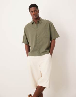 Kastiges Oversize-Hemd in Khaki mit Leinenanteil-Grün Grün XL