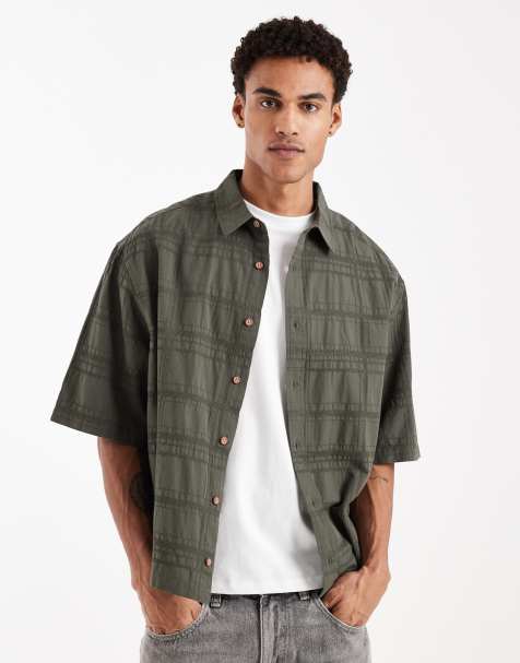 ASOS DESIGN – Kastiges Oversize-Hemd in Khaki mit strukturiertem Karomuster - view 1