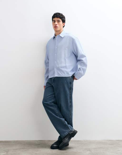 ASOS DESIGN kastiges Oversize-Hemd in Leinenoptik mit Streifen in Blau, 4 von 5